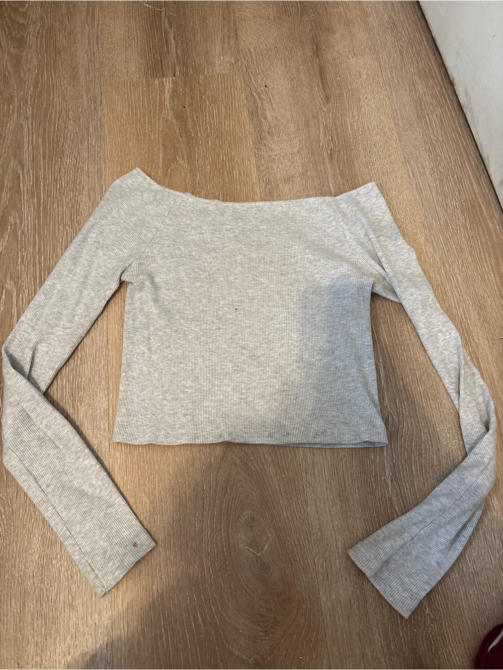 Brandy Melville Light Gray Off-Shoulder Ribbed Long Sleeve Crop Top